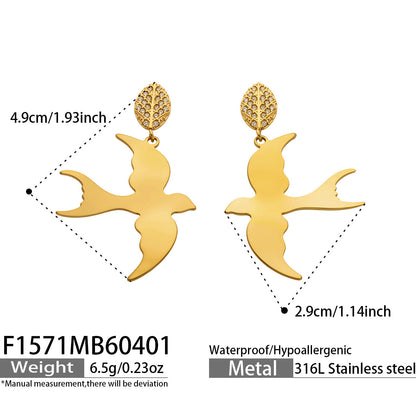 316L Stainless Steel 18K Gold PVD Swallow Leaf Zircon Unique Design Earrings - Swallow Leaf Zircon Unique Design Wholesale Stainless Steel Jewelry - Sensitive Skin Friendly - Detail 6