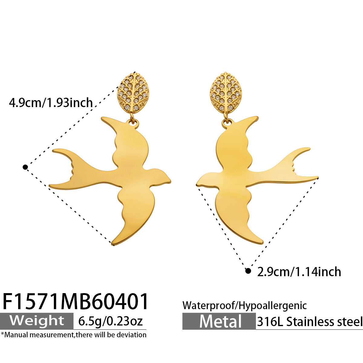 316L Stainless Steel 18K Gold PVD Swallow Zircon Leaf Earrings - Swallow Zircon Leaf Unique Design, Nature-Inspired Wholesale Stainless Steel Jewelry - Sensitive Skin Friendly - Detail 1