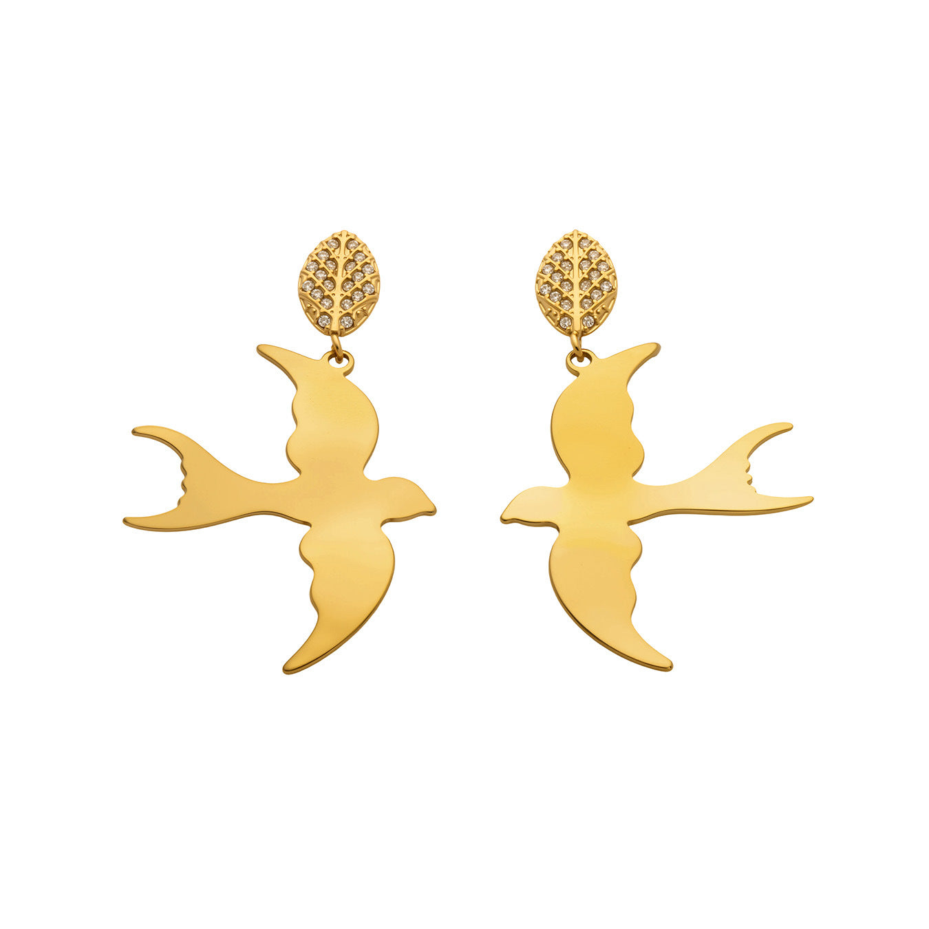 316L Stainless Steel 18K Gold PVD Swallow Zircon Leaf Earrings - Swallow Zircon Leaf Unique Design, Nature-Inspired Wholesale Stainless Steel Jewelry - Sensitive Skin Friendly - Detail 10