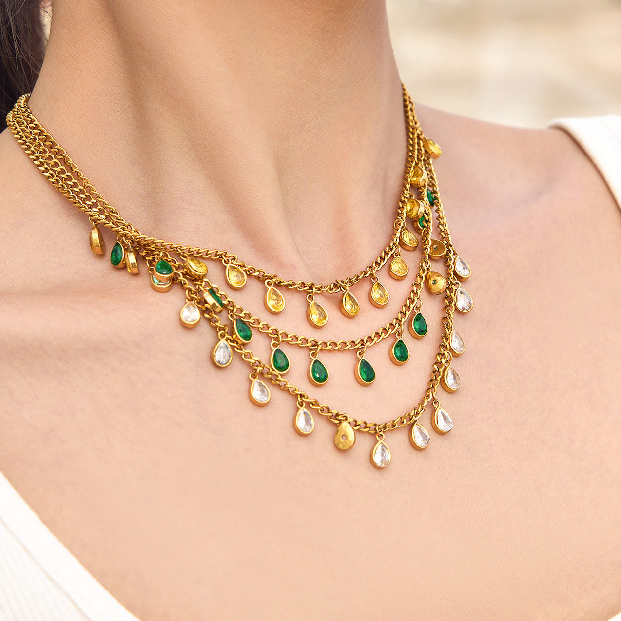 316L Stainless Steel 18K Gold PVD Tassel Necklace with Zircon Water Drop Pendant - Tassel Necklace Zircon Pendant Elegant Wholesale Stainless Steel Jewelry - Sensitive Skin Friendly - Detail 1
