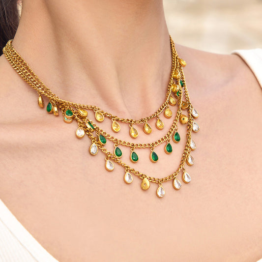 316L Stainless Steel 18K Gold PVD Tassel Necklace with Zircon Water Drop Pendant - Tassel Necklace Zircon Pendant Elegant Wholesale Stainless Steel Jewelry - Sensitive Skin Friendly - Detail 1