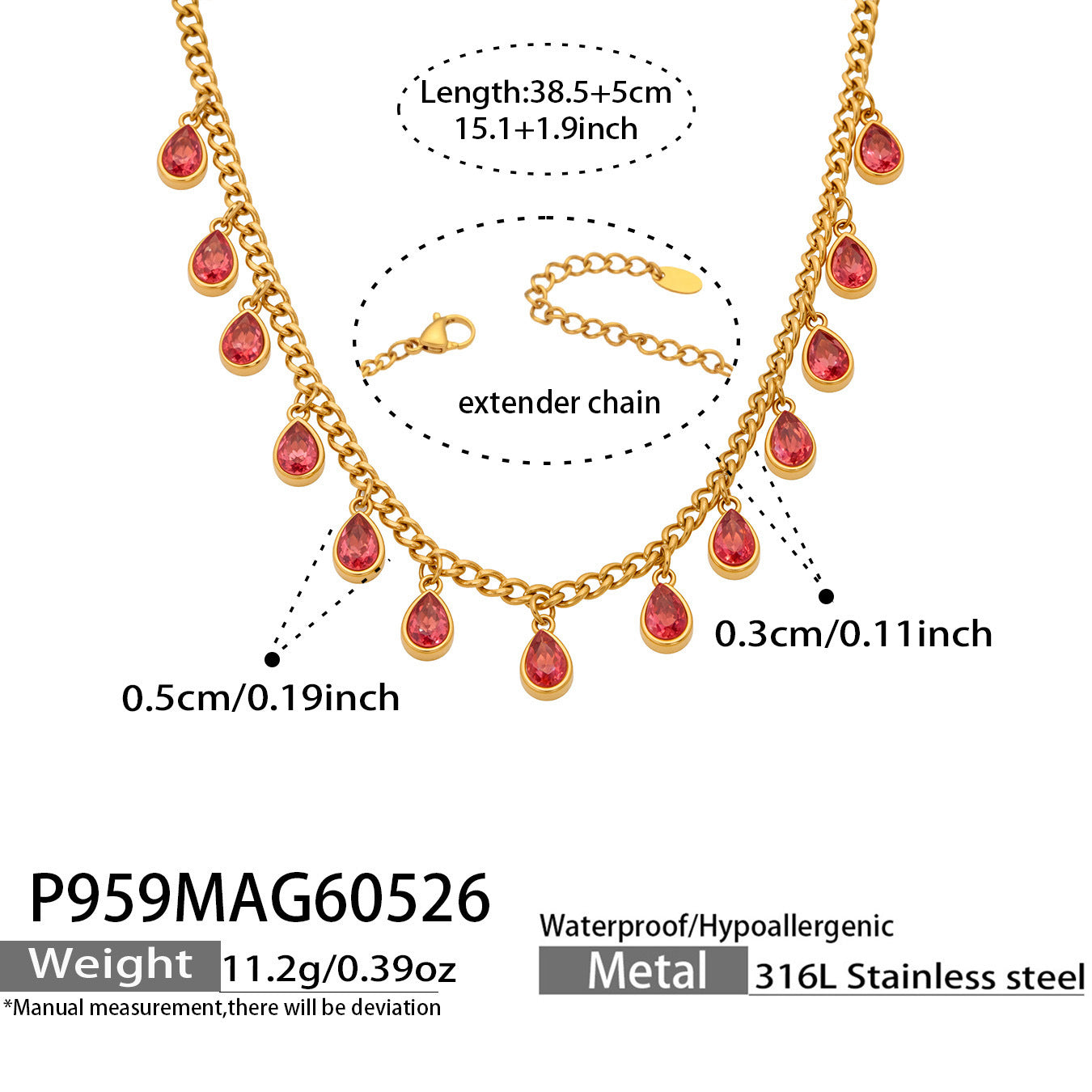 316L Stainless Steel 18K Gold PVD Tassel Necklace with Zircon Water Drop Pendant - Tassel Necklace Zircon Pendant Elegant Wholesale Stainless Steel Jewelry - Sensitive Skin Friendly - Detail 15