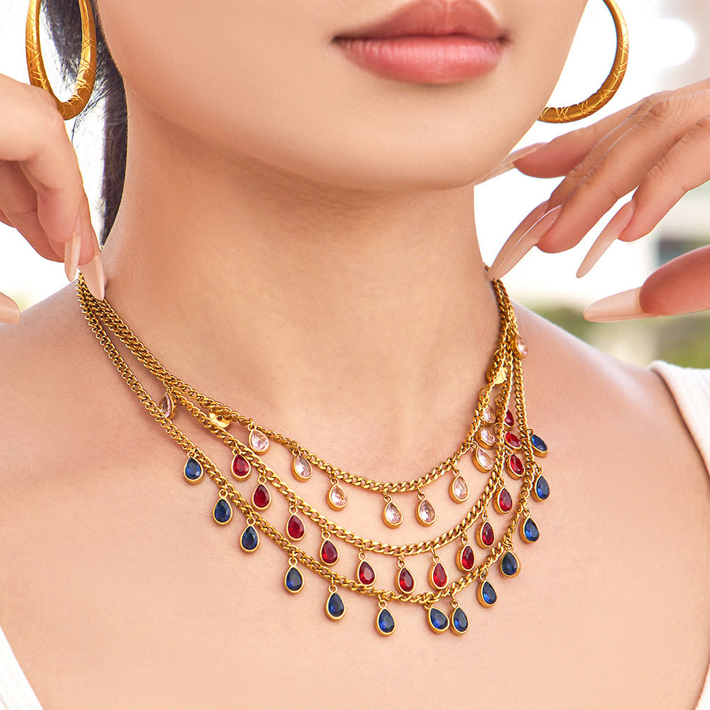 316L Stainless Steel 18K Gold PVD Tassel Necklace with Zircon Water Drop Pendant - Tassel Necklace Zircon Pendant Elegant Wholesale Stainless Steel Jewelry - Sensitive Skin Friendly - Detail 2