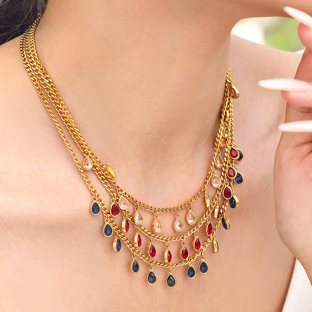 316L Stainless Steel 18K Gold PVD Tassel Necklace with Zircon Water Drop Pendant - Tassel Necklace Zircon Pendant Elegant Wholesale Stainless Steel Jewelry - Sensitive Skin Friendly - Detail 3