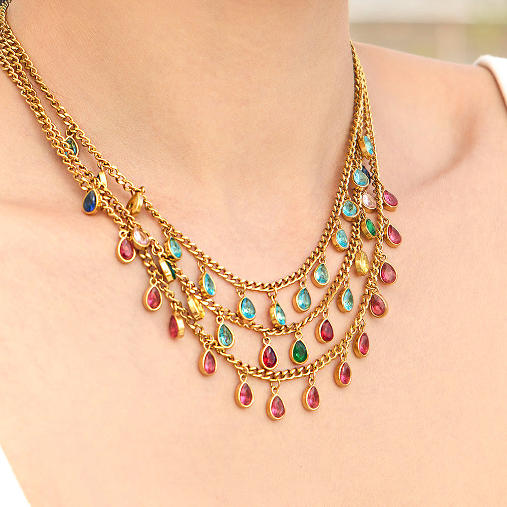 316L Stainless Steel 18K Gold PVD Tassel Necklace with Zircon Water Drop Pendant - Tassel Necklace Zircon Pendant Elegant Wholesale Stainless Steel Jewelry - Sensitive Skin Friendly - Detail 4