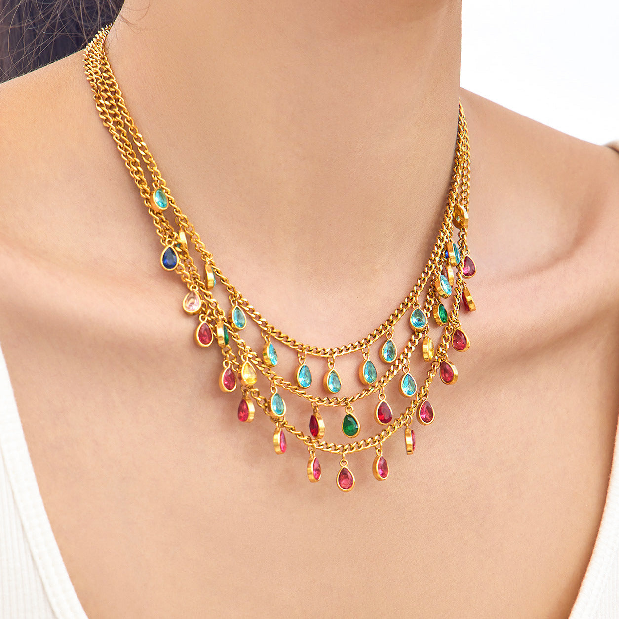 316L Stainless Steel 18K Gold PVD Tassel Necklace with Zircon Water Drop Pendant - Tassel Necklace Zircon Pendant Elegant Wholesale Stainless Steel Jewelry - Sensitive Skin Friendly - Detail 5