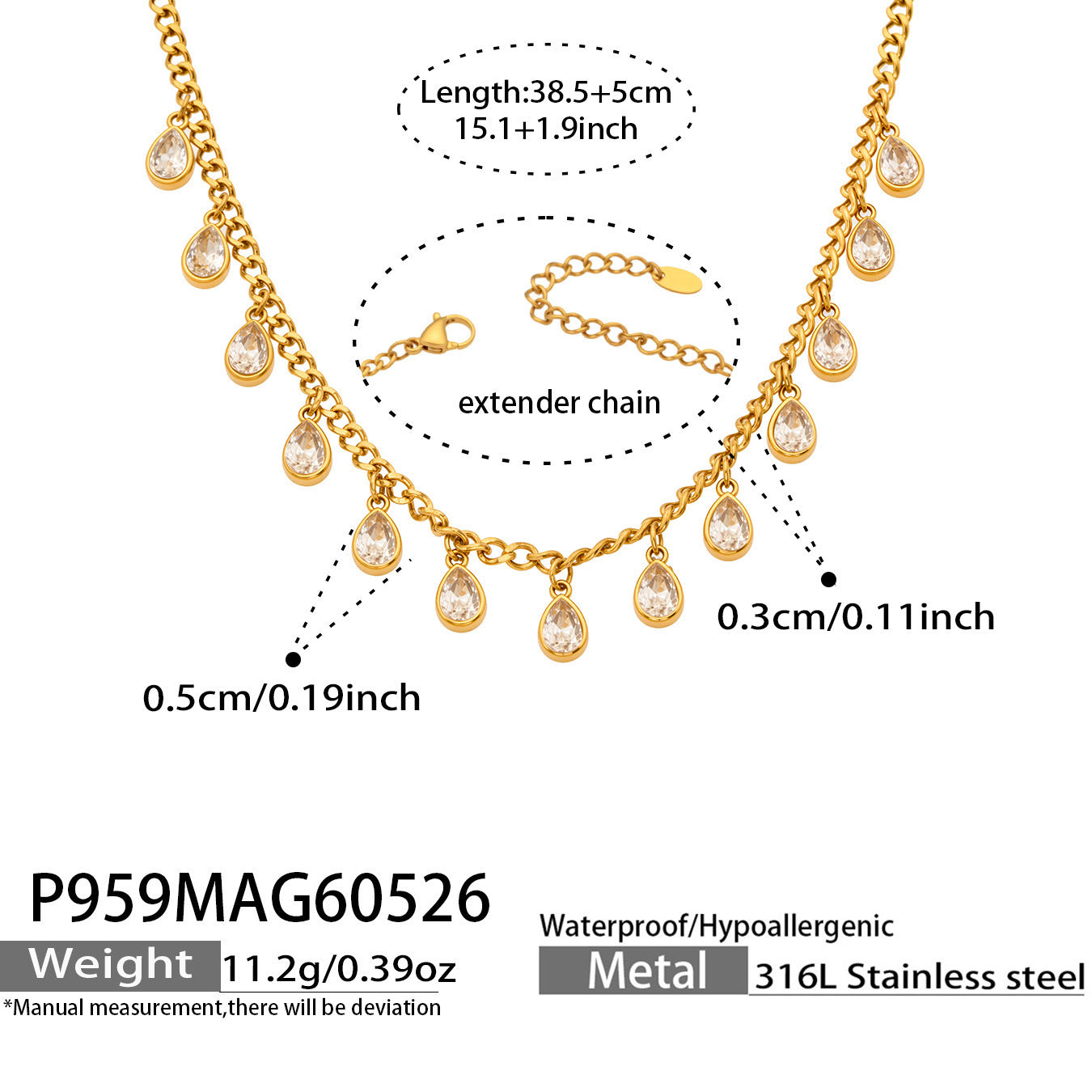 316L Stainless Steel 18K Gold PVD Tassel Necklace with Zircon Water Drop Pendant - Tassel Necklace Zircon Pendant Elegant Wholesale Stainless Steel Jewelry - Sensitive Skin Friendly - Detail 7