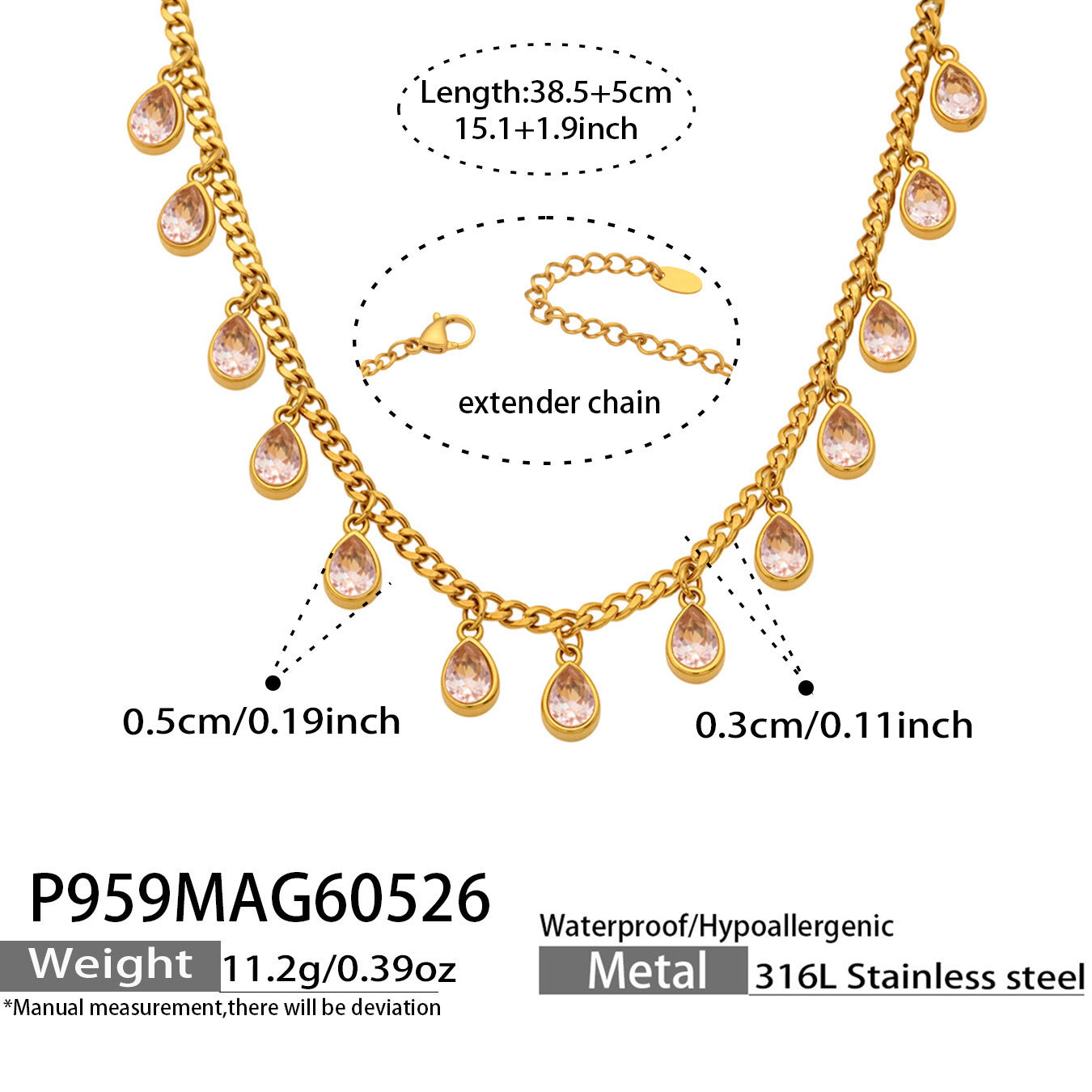 316L Stainless Steel 18K Gold PVD Tassel Necklace with Zircon Water Drop Pendant - Tassel Necklace Zircon Pendant Elegant Wholesale Stainless Steel Jewelry - Sensitive Skin Friendly - Detail 8