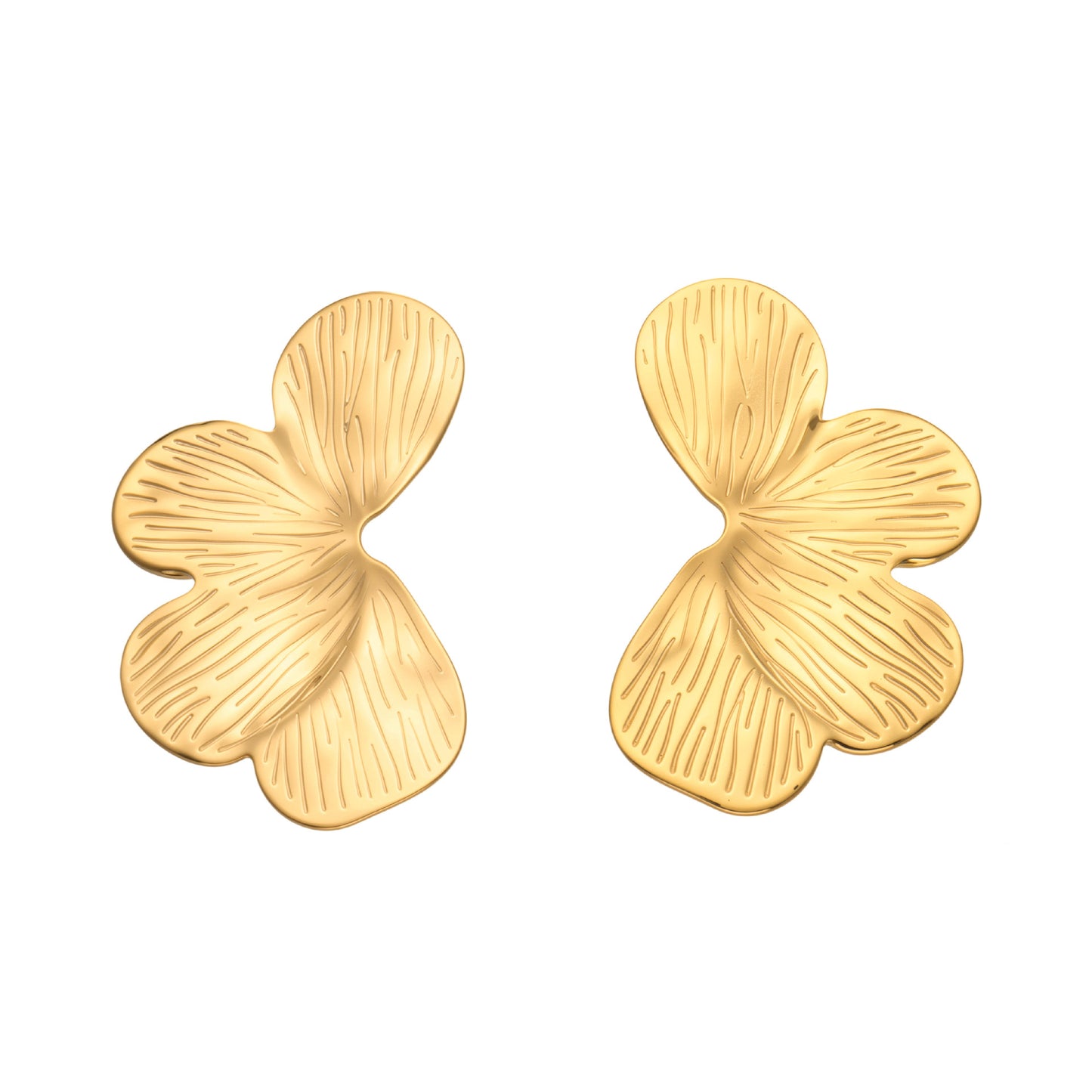 316L Stainless Steel 18K Gold PVD Textured Flower Earrings - Textured Flower Design, Modern Earrings Wholesale Stainless Steel Jewelry - Sensitive Skin Friendly - Detail 4