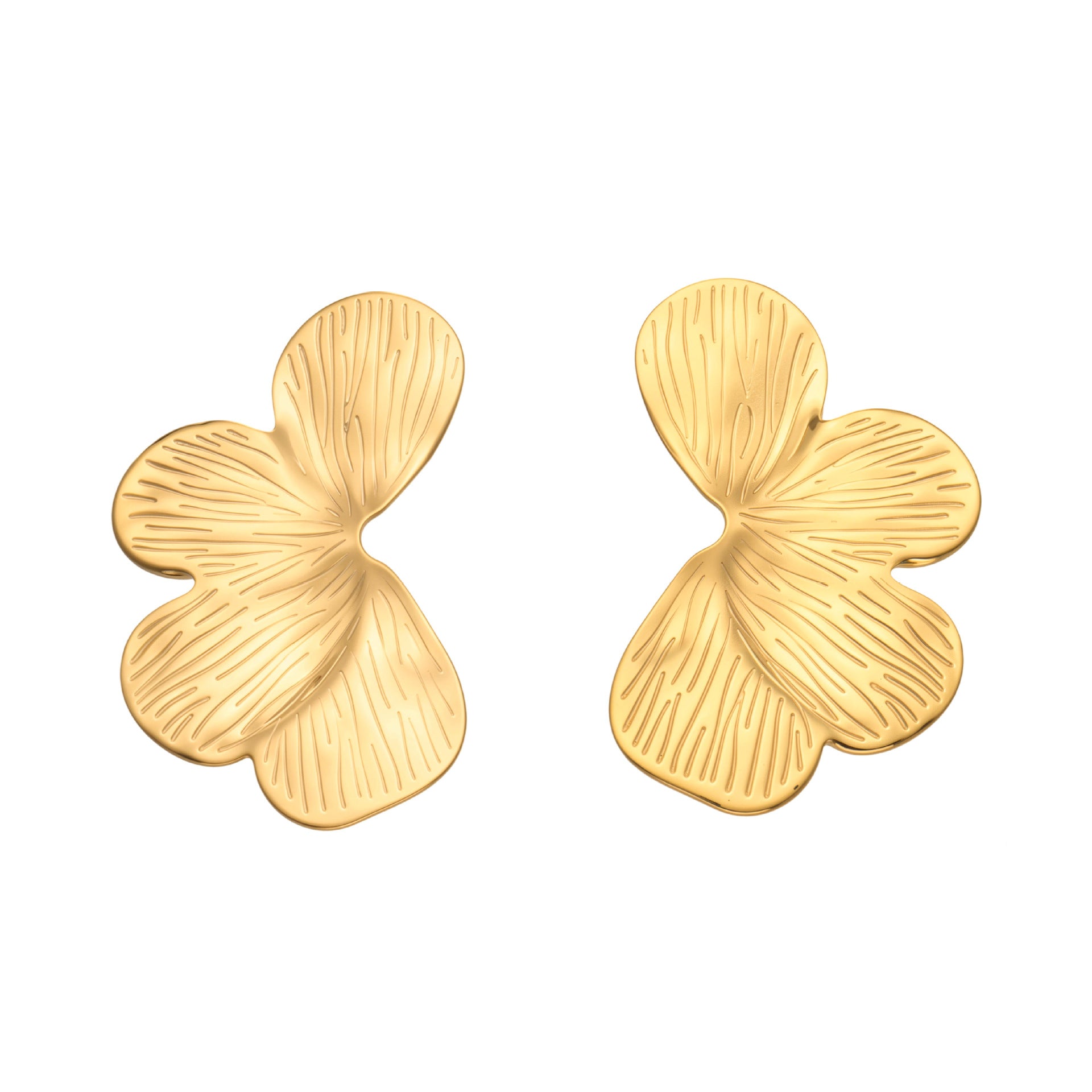 316L Stainless Steel 18K Gold PVD Textured Flower Earrings - Textured Flower Design, Modern Earrings Wholesale Stainless Steel Jewelry - Sensitive Skin Friendly - Detail 4