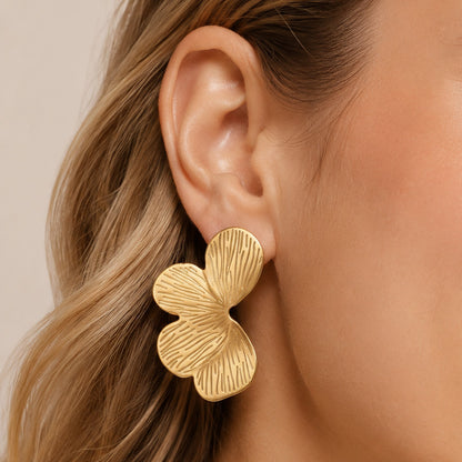 316L Stainless Steel 18K Gold PVD Textured Flower Earrings - Textured Flower Design, Modern Earrings Wholesale Stainless Steel Jewelry - Sensitive Skin Friendly - Detail 6