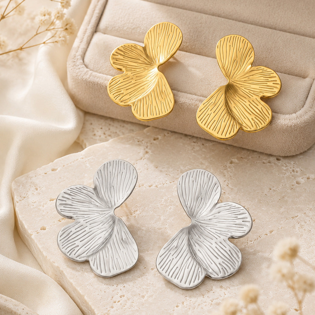 316L Stainless Steel 18K Gold PVD Textured Flower Earrings - Textured Flower Design, Modern Earrings Wholesale Stainless Steel Jewelry - Sensitive Skin Friendly - Detail 7