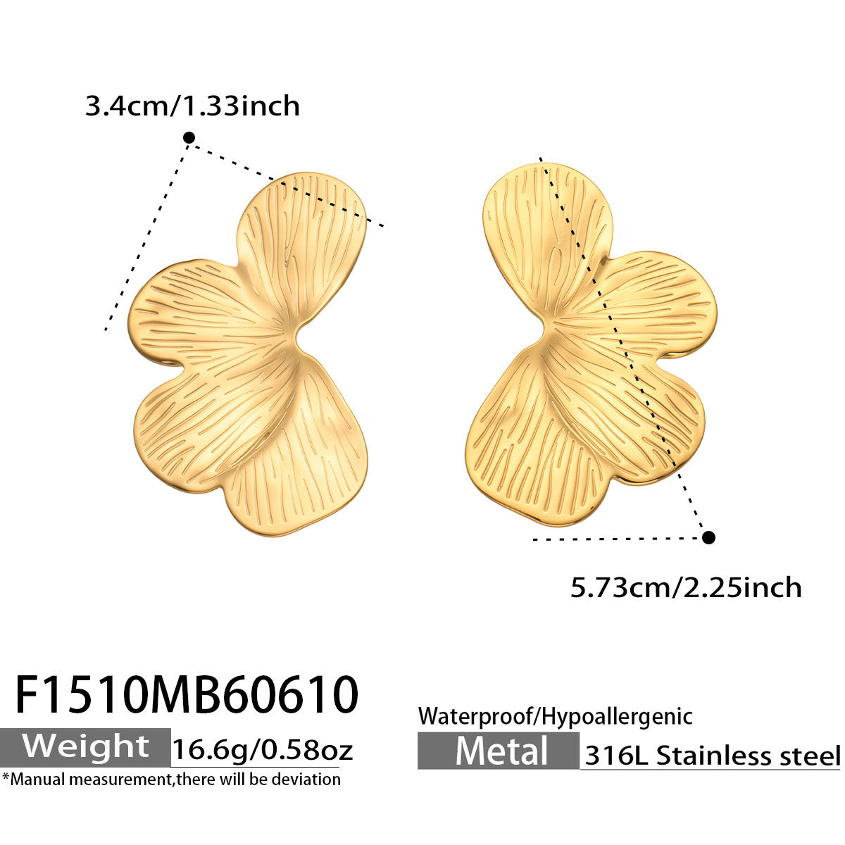 316L Stainless Steel 18K Gold PVD Textured Flower Earrings - Textured Flower Design, Modern Earrings Wholesale Stainless Steel Jewelry - Sensitive Skin Friendly - Detail 9