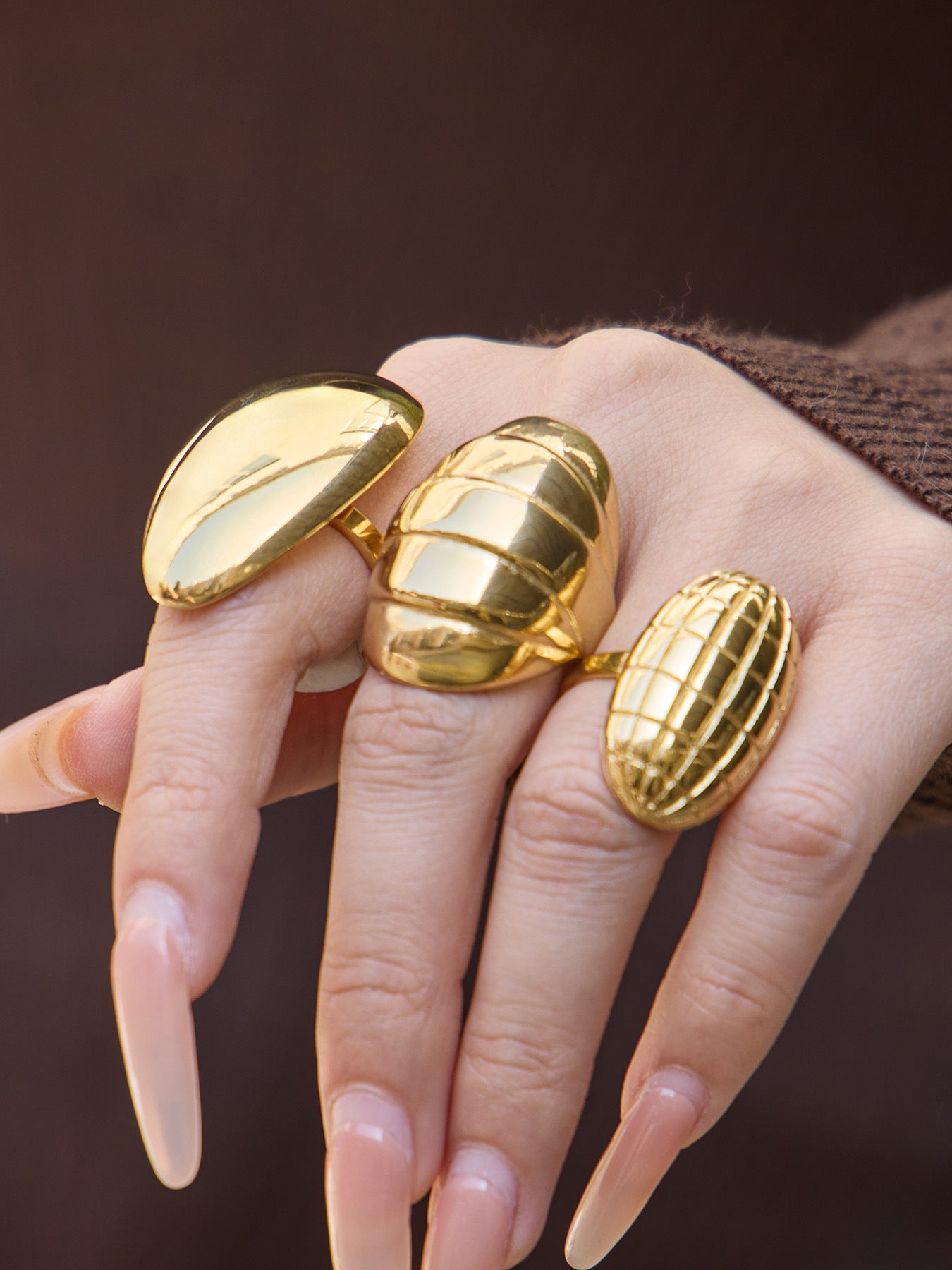 316L Stainless Steel 18K Gold PVD Textured Oval Drop Ring - Textured Oval Drop Ring Wholesale Stainless Steel Jewelry - Sensitive Skin Friendly - Detail 1