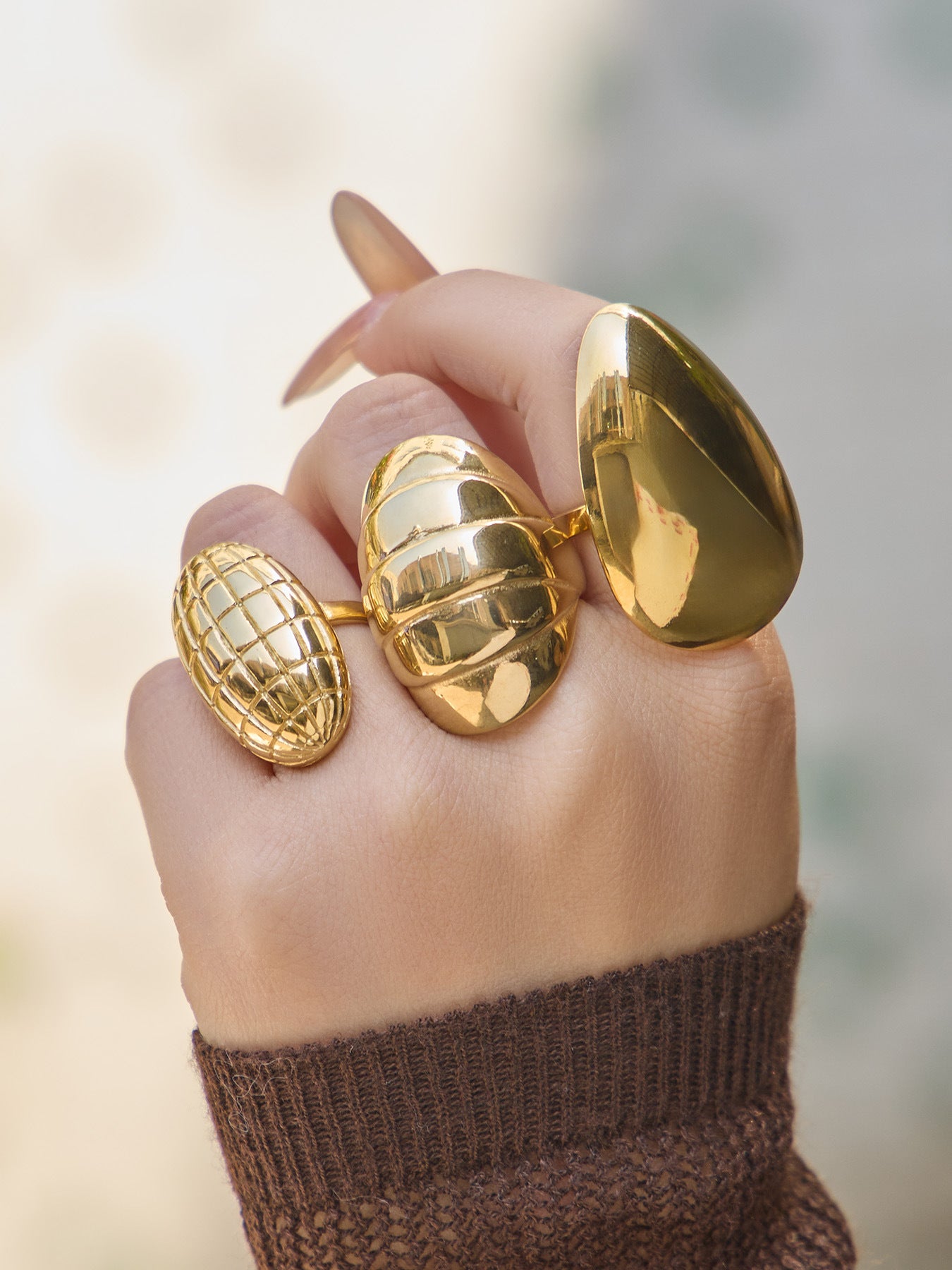 316L Stainless Steel 18K Gold PVD Textured Oval Drop Ring - Textured Oval Drop Ring Wholesale Stainless Steel Jewelry - Sensitive Skin Friendly - Detail 11