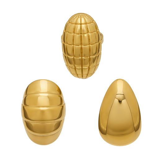 316L Stainless Steel 18K Gold PVD Textured Oval Drop Ring - Textured Oval Drop Ring Wholesale Stainless Steel Jewelry - Sensitive Skin Friendly - Detail 4