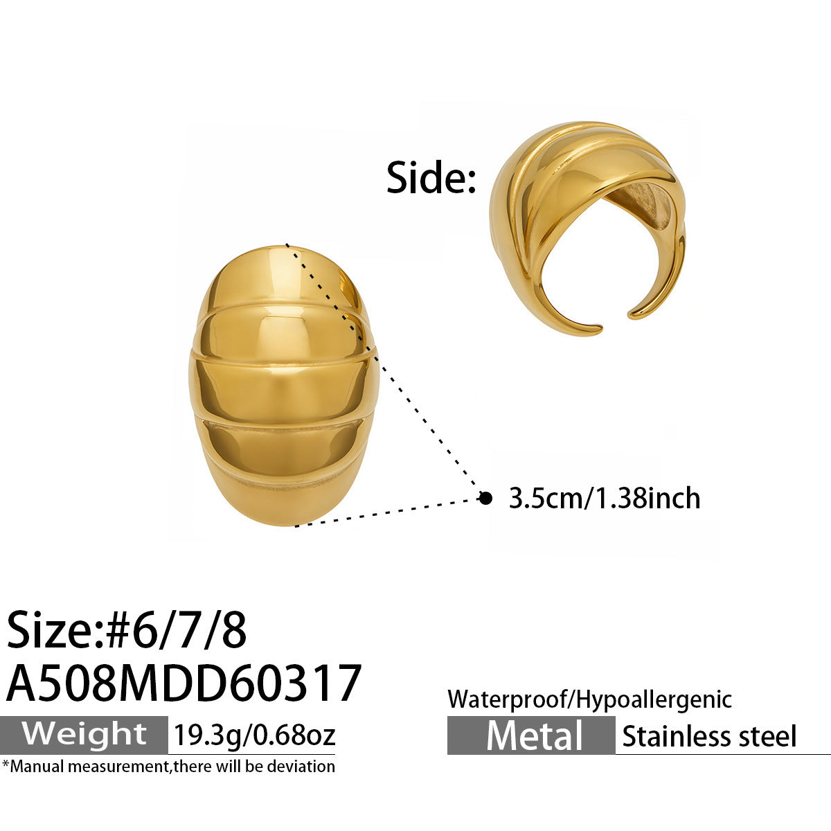 316L Stainless Steel 18K Gold PVD Textured Oval Drop Ring - Textured Oval Drop Ring Wholesale Stainless Steel Jewelry - Sensitive Skin Friendly - Detail 6
