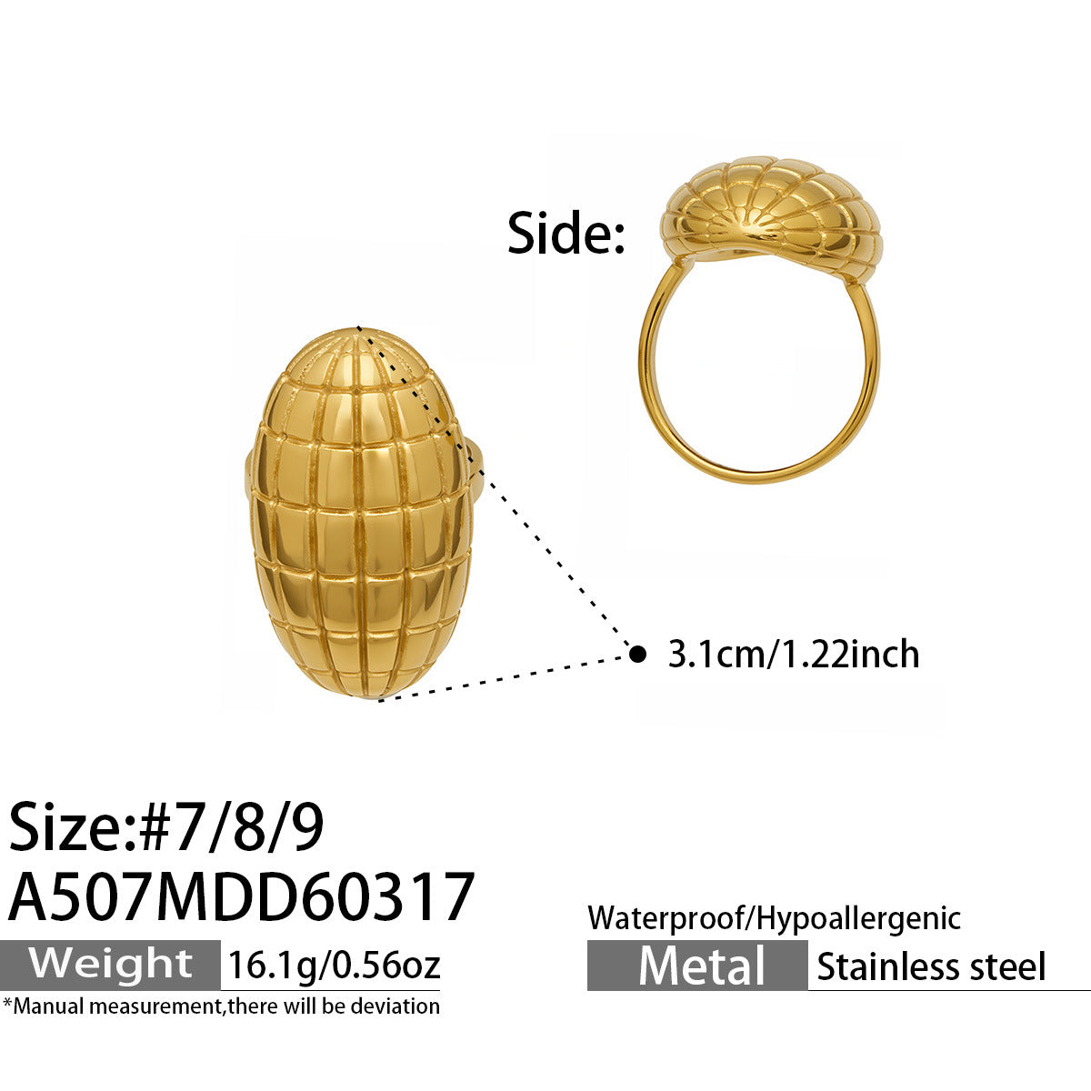 316L Stainless Steel 18K Gold PVD Textured Oval Drop Ring - Textured Oval Drop Ring Wholesale Stainless Steel Jewelry - Sensitive Skin Friendly - Detail 7