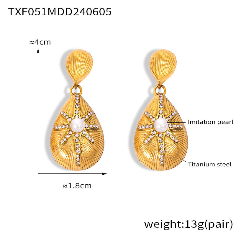 316L Stainless Steel 18K Gold PVD Textured Teardrop Star Diamond-Set Jewelry Set - Textured Teardrop Star Diamond Set Minimalist French Chic Wholesale Stainless Steel Jewelry - Sensitive Skin Friendly - Detail 1