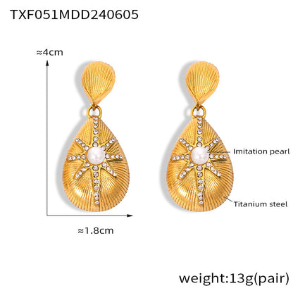 316L Stainless Steel 18K Gold PVD Textured Teardrop Star Diamond-Set Jewelry Set - Textured Teardrop Star Diamond Set Minimalist French Chic Wholesale Stainless Steel Jewelry - Sensitive Skin Friendly - Detail 1