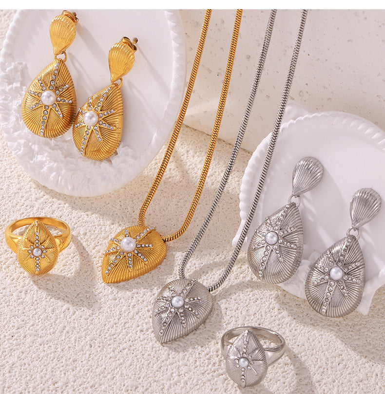 316L Stainless Steel 18K Gold PVD Textured Teardrop Star Diamond-Set Jewelry Set - Textured Teardrop Star Diamond Set Minimalist French Chic Wholesale Stainless Steel Jewelry - Sensitive Skin Friendly - Detail 10