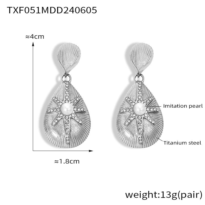 316L Stainless Steel 18K Gold PVD Textured Teardrop Star Diamond-Set Jewelry Set - Textured Teardrop Star Diamond Set Minimalist French Chic Wholesale Stainless Steel Jewelry - Sensitive Skin Friendly - Detail 2