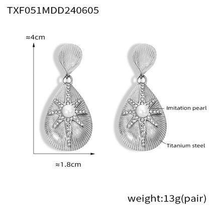 316L Stainless Steel 18K Gold PVD Textured Teardrop Star Diamond-Set Jewelry Set - Textured Teardrop Star Diamond Set Minimalist French Chic Wholesale Stainless Steel Jewelry - Sensitive Skin Friendly - Detail 2