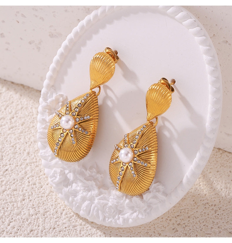 316L Stainless Steel 18K Gold PVD Textured Teardrop Star Diamond-Set Jewelry Set - Textured Teardrop Star Diamond Set Minimalist French Chic Wholesale Stainless Steel Jewelry - Sensitive Skin Friendly - Detail 8