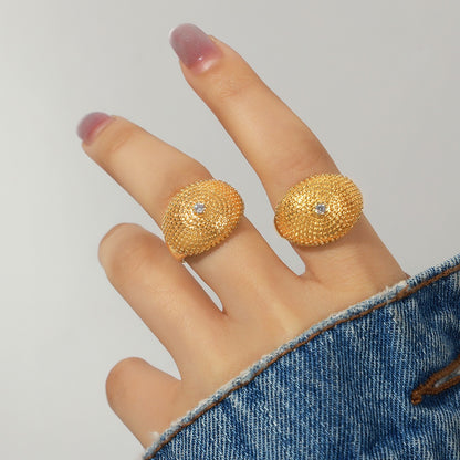 316L Stainless Steel 18K Gold PVD Textured Zircon Open Ring - Vintage Gold Band Textured Zircon Wholesale Stainless Steel Jewelry - Sensitive Skin Friendly - Detail 3