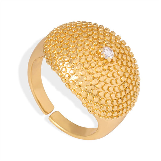 316L Stainless Steel 18K Gold PVD Textured Zircon Open Ring - Vintage Gold Band Textured Zircon Wholesale Stainless Steel Jewelry - Sensitive Skin Friendly - Detail 4