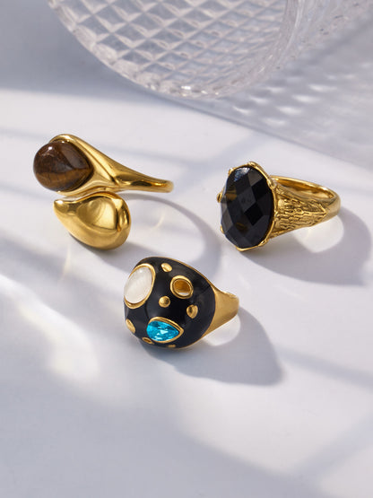 316L Stainless Steel 18K Gold PVD Tiger Eye Stone Ring - Tiger Eye Stone Gold Ring Minimalist Modern Wholesale Stainless Steel Jewelry - Sensitive Skin Friendly - Detail 1
