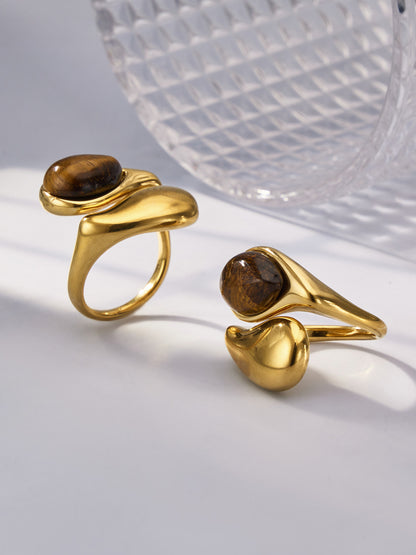 316L Stainless Steel 18K Gold PVD Tiger Eye Stone Ring - Tiger Eye Stone Gold Ring Minimalist Modern Wholesale Stainless Steel Jewelry - Sensitive Skin Friendly - Detail 12