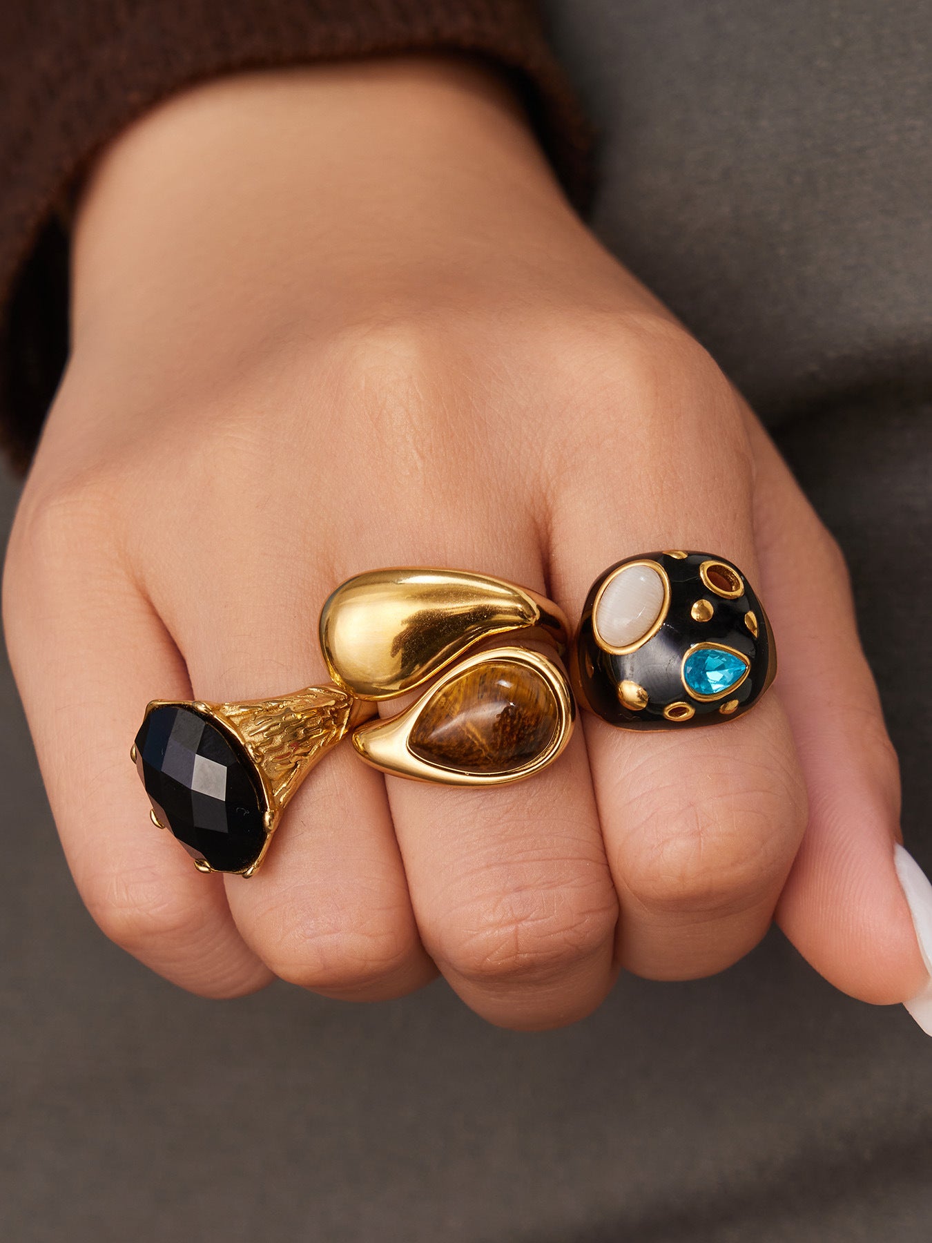 316L Stainless Steel 18K Gold PVD Tiger Eye Stone Ring - Tiger Eye Stone Gold Ring Minimalist Modern Wholesale Stainless Steel Jewelry - Sensitive Skin Friendly - Detail 13