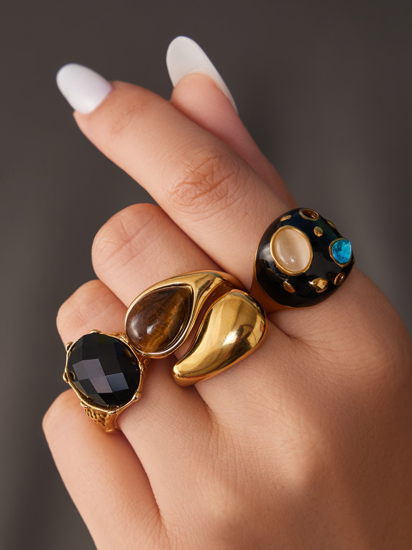 316L Stainless Steel 18K Gold PVD Tiger Eye Stone Ring - Tiger Eye Stone Gold Ring Minimalist Modern Wholesale Stainless Steel Jewelry - Sensitive Skin Friendly - Detail 17
