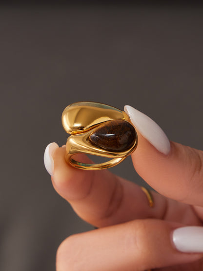 316L Stainless Steel 18K Gold PVD Tiger Eye Stone Ring - Tiger Eye Stone Gold Ring Minimalist Modern Wholesale Stainless Steel Jewelry - Sensitive Skin Friendly - Detail 18