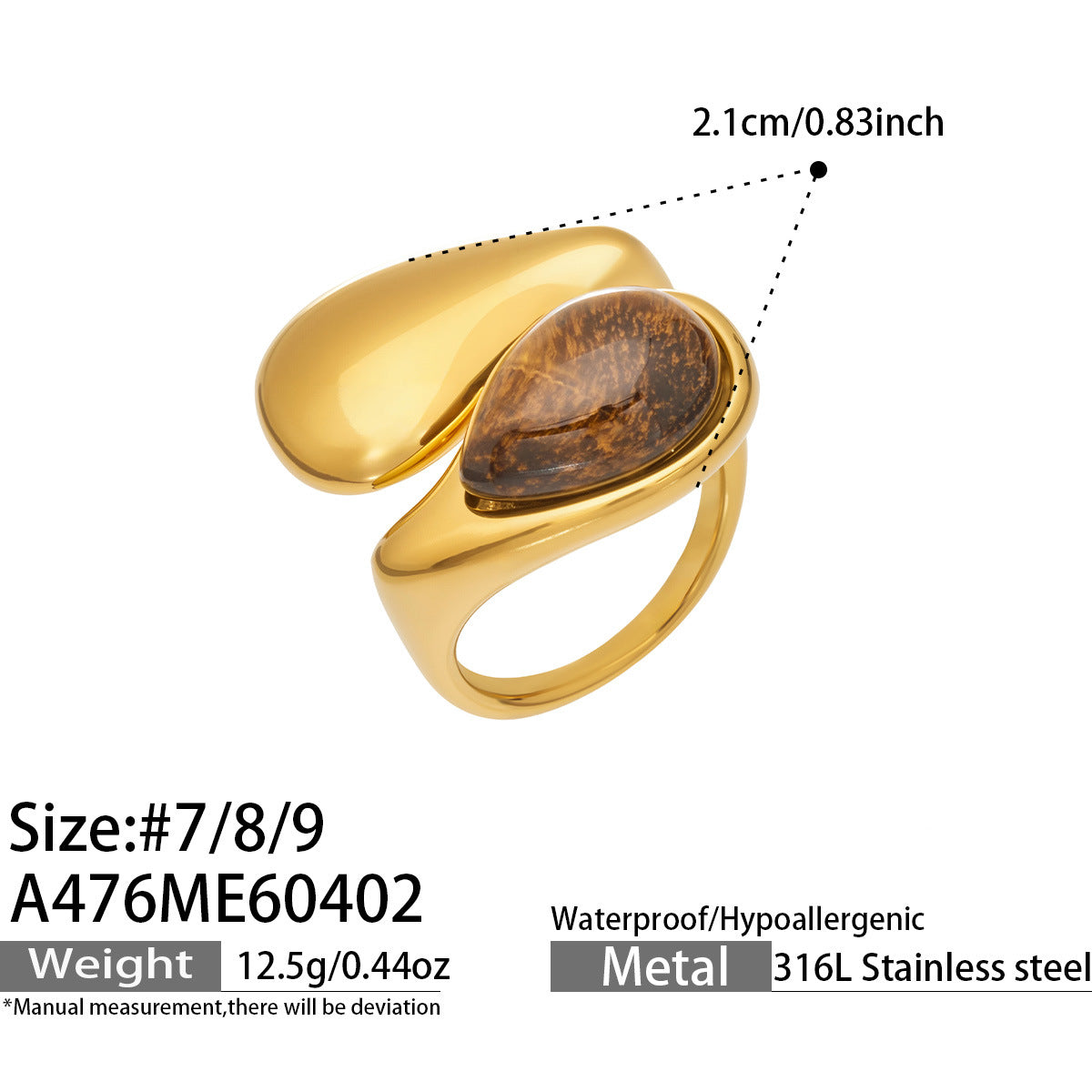 316L Stainless Steel 18K Gold PVD Tiger Eye Stone Ring - Tiger Eye Stone Gold Ring Minimalist Modern Wholesale Stainless Steel Jewelry - Sensitive Skin Friendly - Detail 2