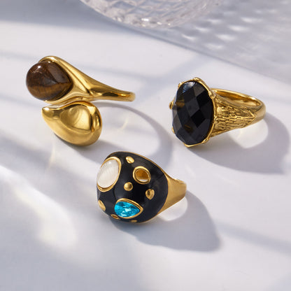 316L Stainless Steel 18K Gold PVD Tiger Eye Stone Ring - Tiger Eye Stone Gold Ring Minimalist Modern Wholesale Stainless Steel Jewelry - Sensitive Skin Friendly - Detail 6