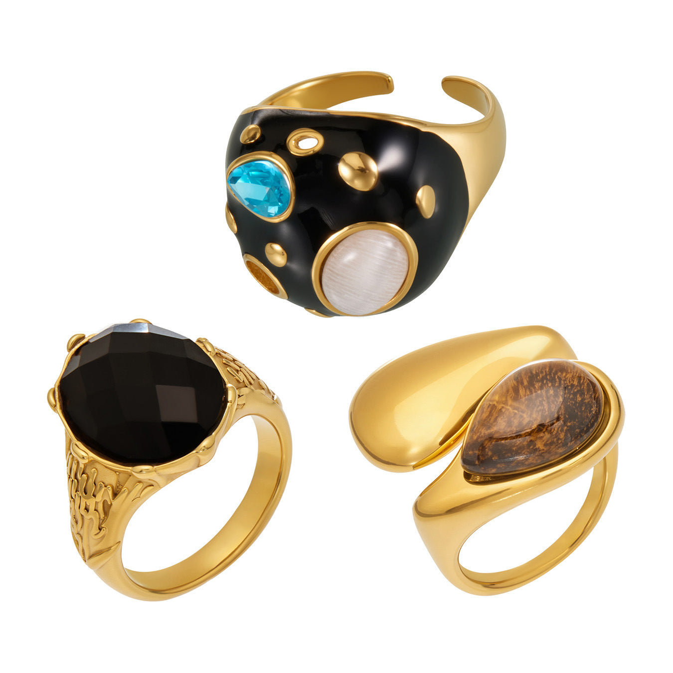 316L Stainless Steel 18K Gold PVD Tiger Eye Stone Ring - Tiger Eye Stone Gold Ring Minimalist Modern Wholesale Stainless Steel Jewelry - Sensitive Skin Friendly - Detail 8