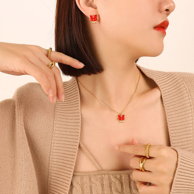 316L Stainless Steel 18K Gold PVD Tiger Zodiac Cute Design Jewelry Set Necklace Bracelet Earrings - Cute Tiger Zodiac Gold Set Wholesale Stainless Steel Jewelry - Sensitive Skin Friendly - Detail 1