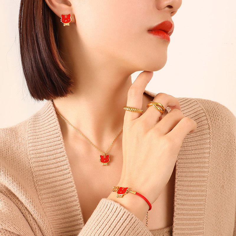 316L Stainless Steel 18K Gold PVD Tiger Zodiac Cute Design Jewelry Set Necklace Bracelet Earrings - Cute Tiger Zodiac Gold Set Wholesale Stainless Steel Jewelry - Sensitive Skin Friendly - Detail 4