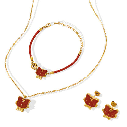 316L Stainless Steel 18K Gold PVD Tiger Zodiac Cute Design Jewelry Set Necklace Bracelet Earrings - Cute Tiger Zodiac Gold Set Wholesale Stainless Steel Jewelry - Sensitive Skin Friendly - Detail 5