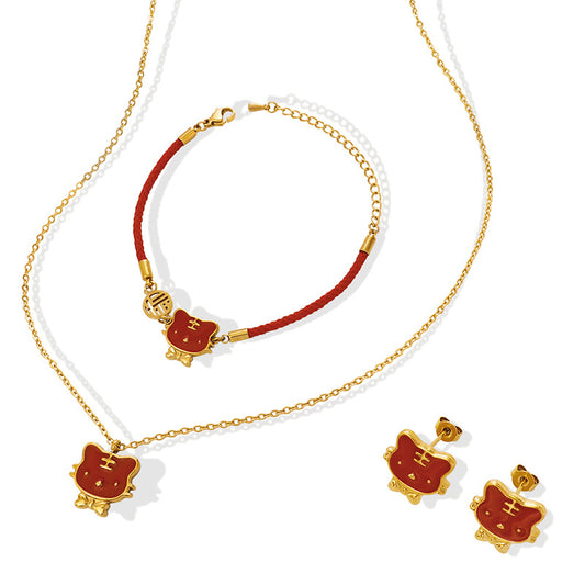 316L Stainless Steel 18K Gold PVD Tiger Zodiac Cute Design Jewelry Set Necklace Bracelet Earrings - Cute Tiger Zodiac Gold Set Wholesale Stainless Steel Jewelry - Sensitive Skin Friendly - Detail 5
