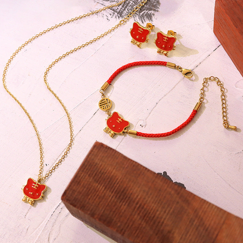 316L Stainless Steel 18K Gold PVD Tiger Zodiac Cute Design Jewelry Set Necklace Bracelet Earrings - Cute Tiger Zodiac Gold Set Wholesale Stainless Steel Jewelry - Sensitive Skin Friendly - Detail 7