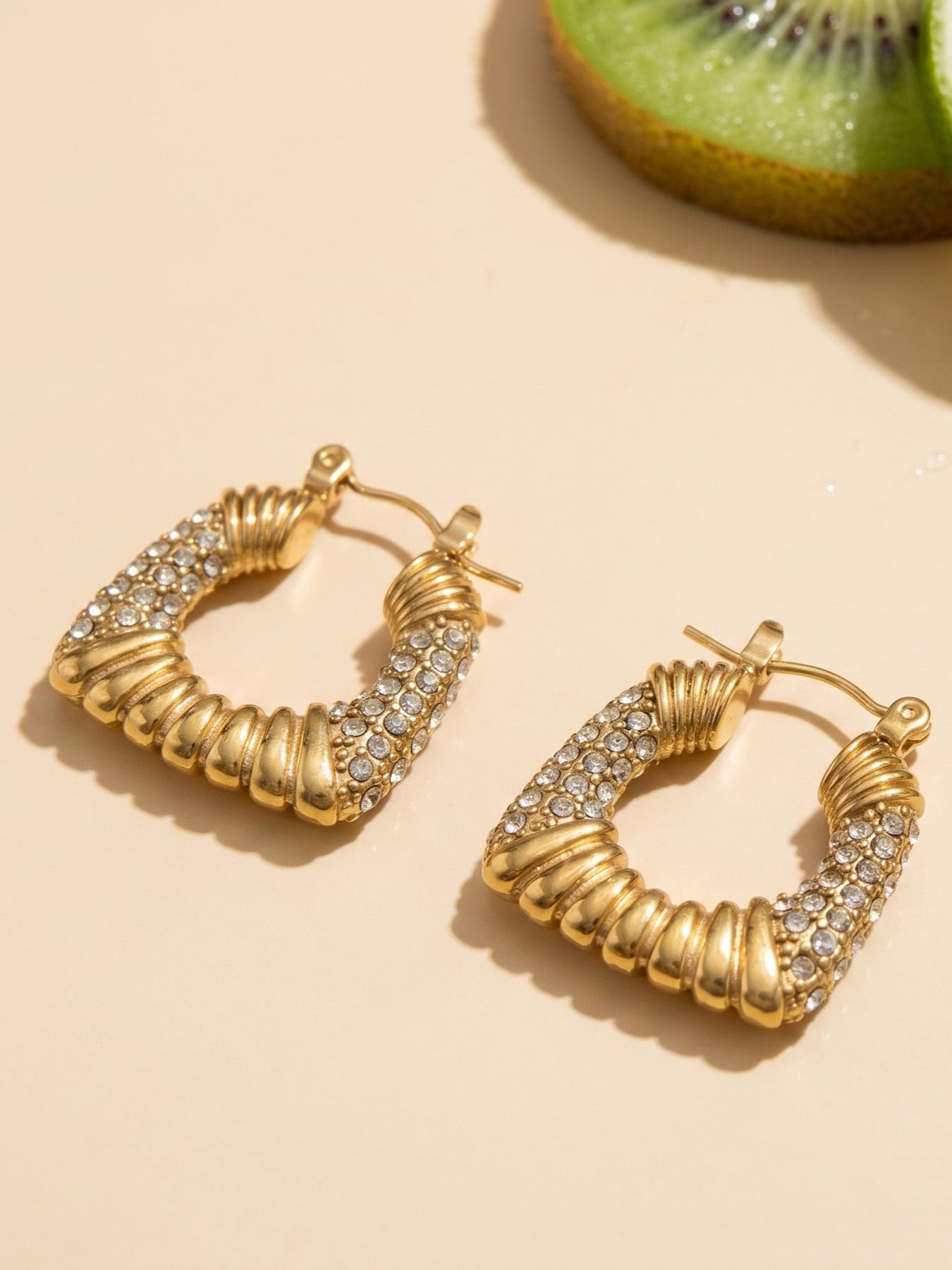 316L Stainless Steel 18K Gold PVD Trapezoid Zircon Earrings - Trapezoid Zircon Gold Minimalist Modern Wholesale Stainless Steel Jewelry - Sensitive Skin Friendly - Detail 7
