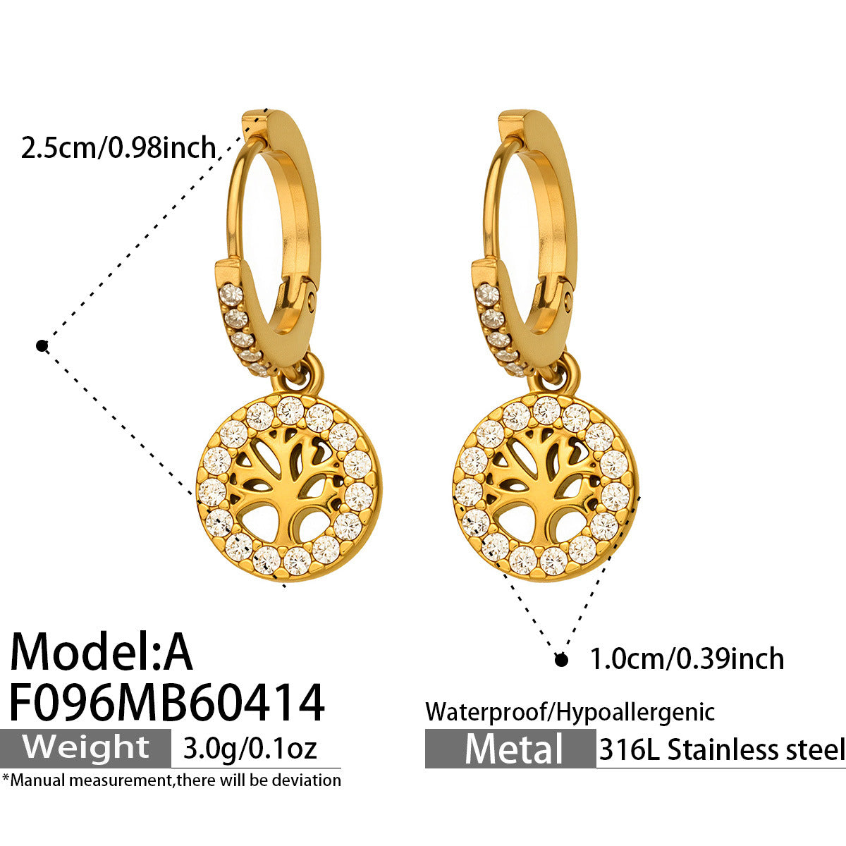 316L Stainless Steel 18K Gold PVD Tree of Life Zircon Hoop Earrings - Tree of Life, Zircon, Hoop Earrings, Gold Plated, Spiritual, Modern Wholesale Stainless Steel Jewelry - Sensitive Skin Friendly - Detail 1