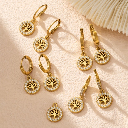 316L Stainless Steel 18K Gold PVD Tree of Life Zircon Hoop Earrings - Tree of Life, Zircon, Hoop Earrings, Gold Plated, Spiritual, Modern Wholesale Stainless Steel Jewelry - Sensitive Skin Friendly - Detail 10