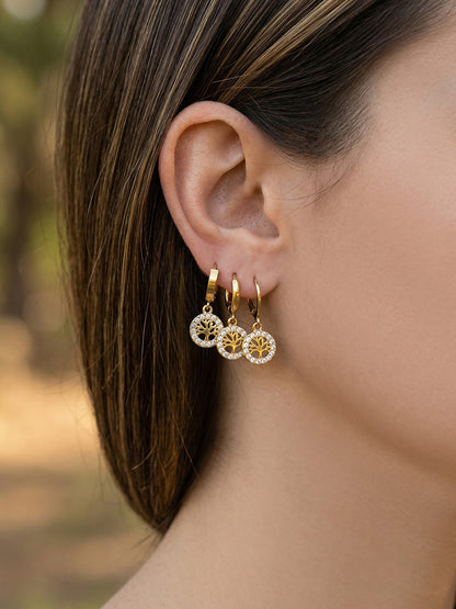316L Stainless Steel 18K Gold PVD Tree of Life Zircon Hoop Earrings - Tree of Life, Zircon, Hoop Earrings, Gold Plated, Spiritual, Modern Wholesale Stainless Steel Jewelry - Sensitive Skin Friendly - Detail 11