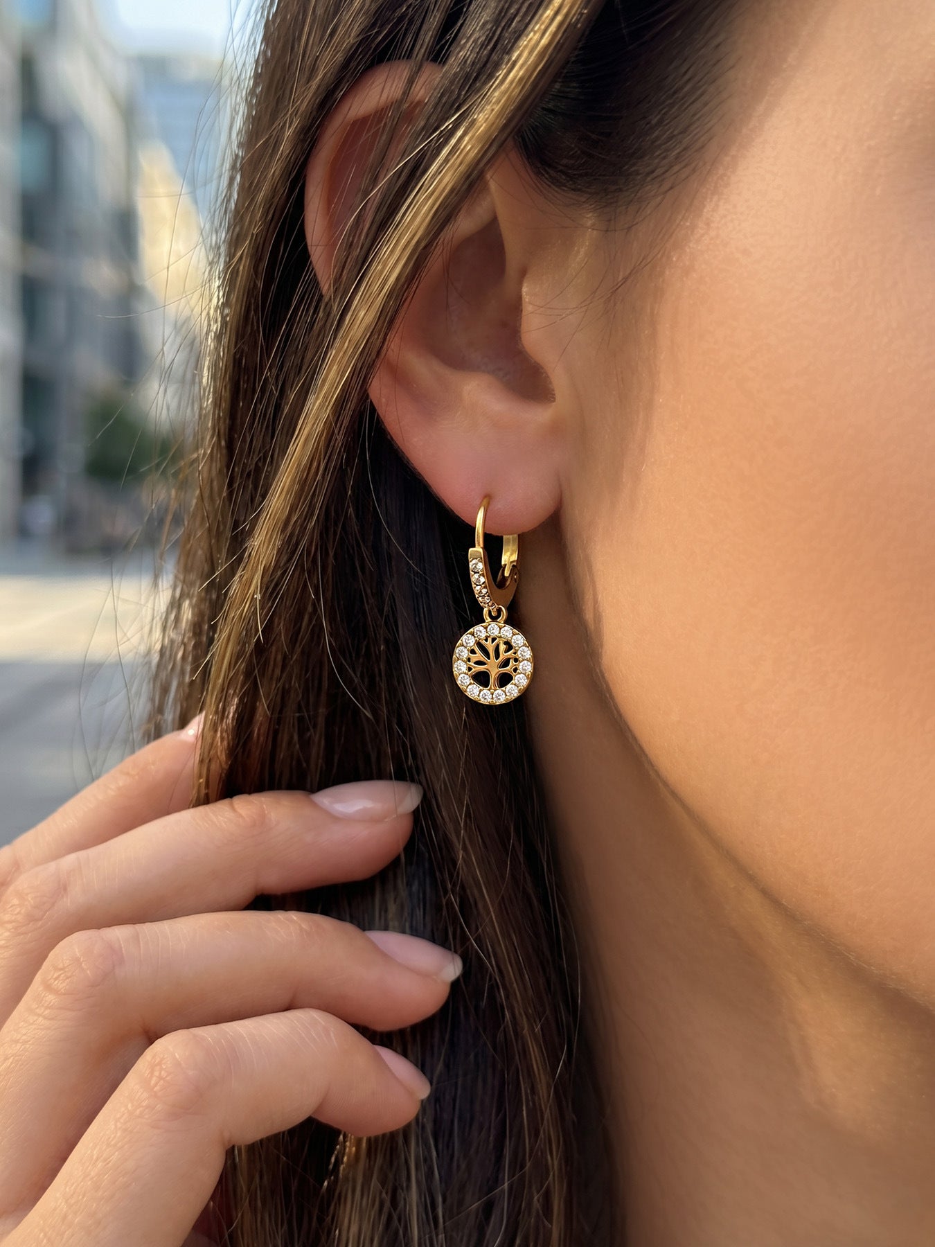 316L Stainless Steel 18K Gold PVD Tree of Life Zircon Hoop Earrings - Tree of Life, Zircon, Hoop Earrings, Gold Plated, Spiritual, Modern Wholesale Stainless Steel Jewelry - Sensitive Skin Friendly - Detail 12