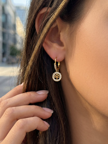 316L Stainless Steel 18K Gold PVD Tree of Life Zircon Hoop Earrings - Tree of Life, Zircon, Hoop Earrings, Gold Plated, Spiritual, Modern Wholesale Stainless Steel Jewelry - Sensitive Skin Friendly - Detail 12