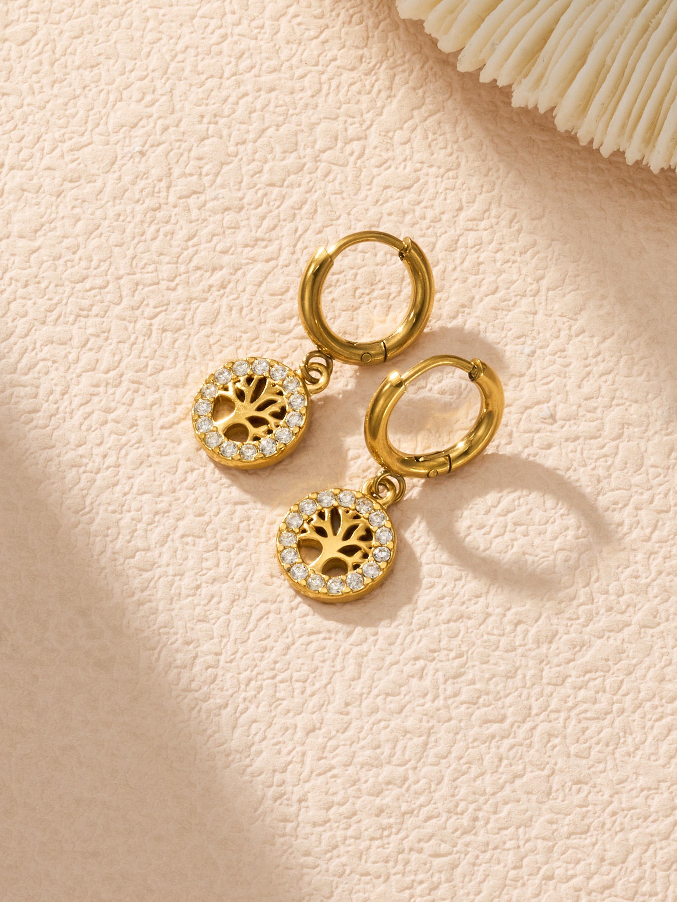 316L Stainless Steel 18K Gold PVD Tree of Life Zircon Hoop Earrings - Tree of Life, Zircon, Hoop Earrings, Gold Plated, Spiritual, Modern Wholesale Stainless Steel Jewelry - Sensitive Skin Friendly - Detail 14